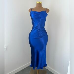 Blue Satin Maxi Dress with Cowl Neckline & Spaghetti Straps